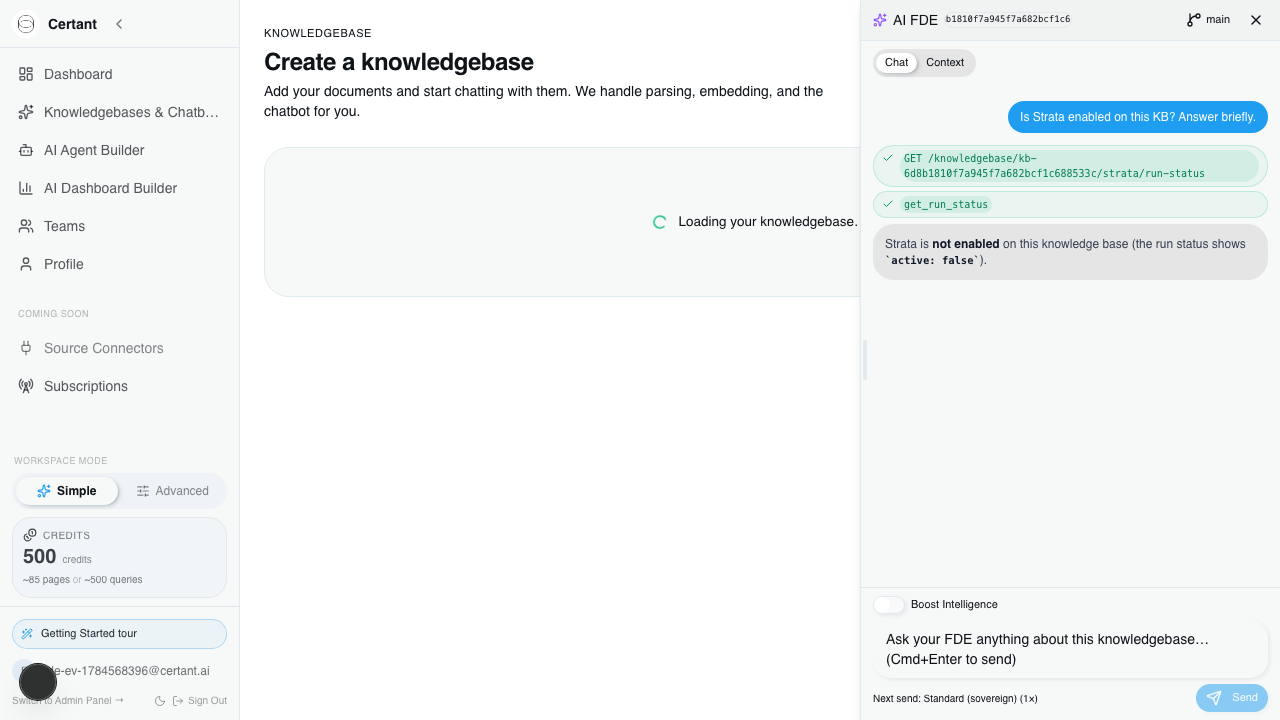 The drawer bound to a knowledgebase, showing two green tool-call chips for a run-status GET and get_run_status, and a short answer saying Strata is not enabled