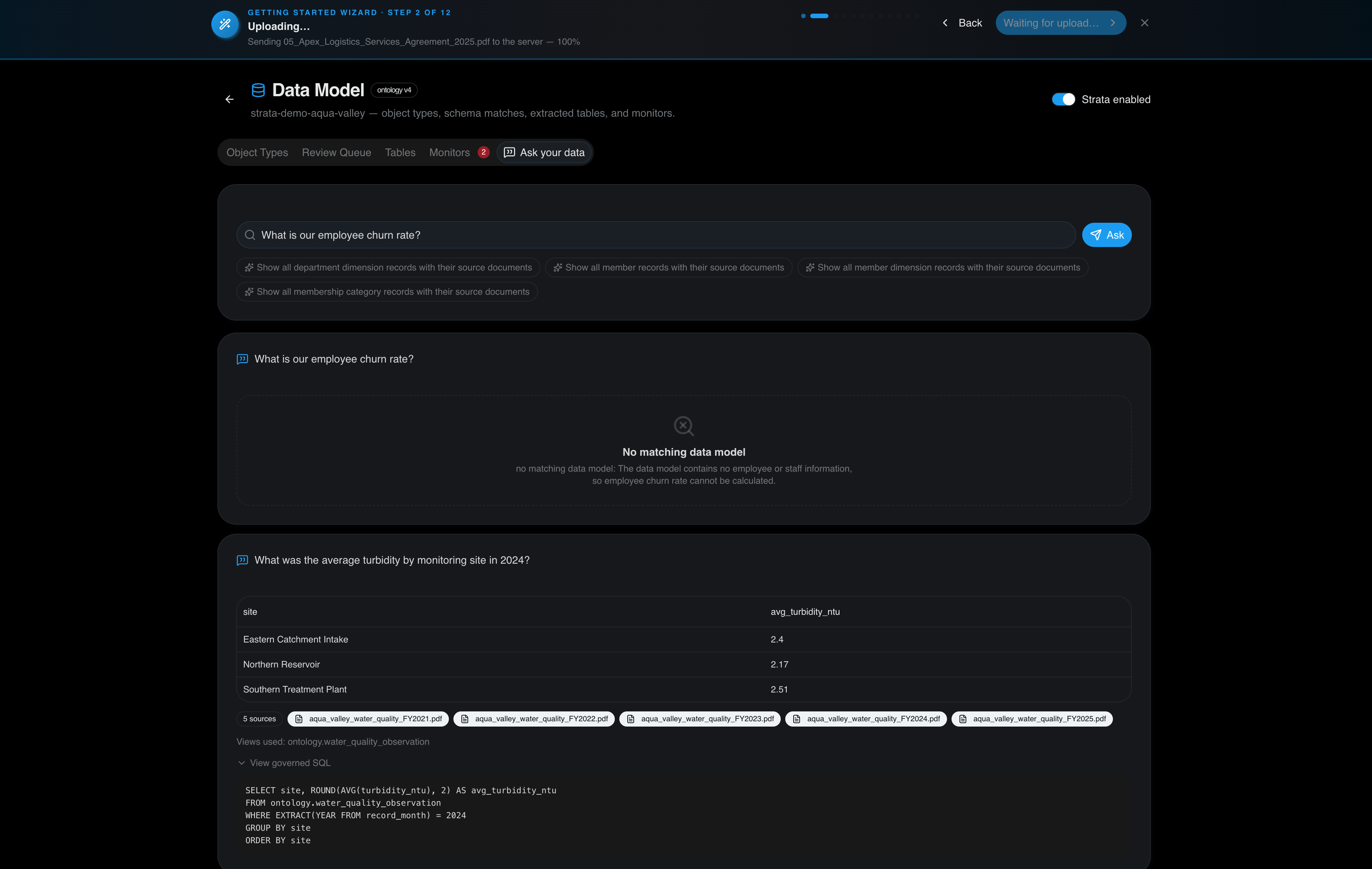 The same Ask your data tab showing the No matching data model refusal card for the employee churn question, above the earlier turbidity answer