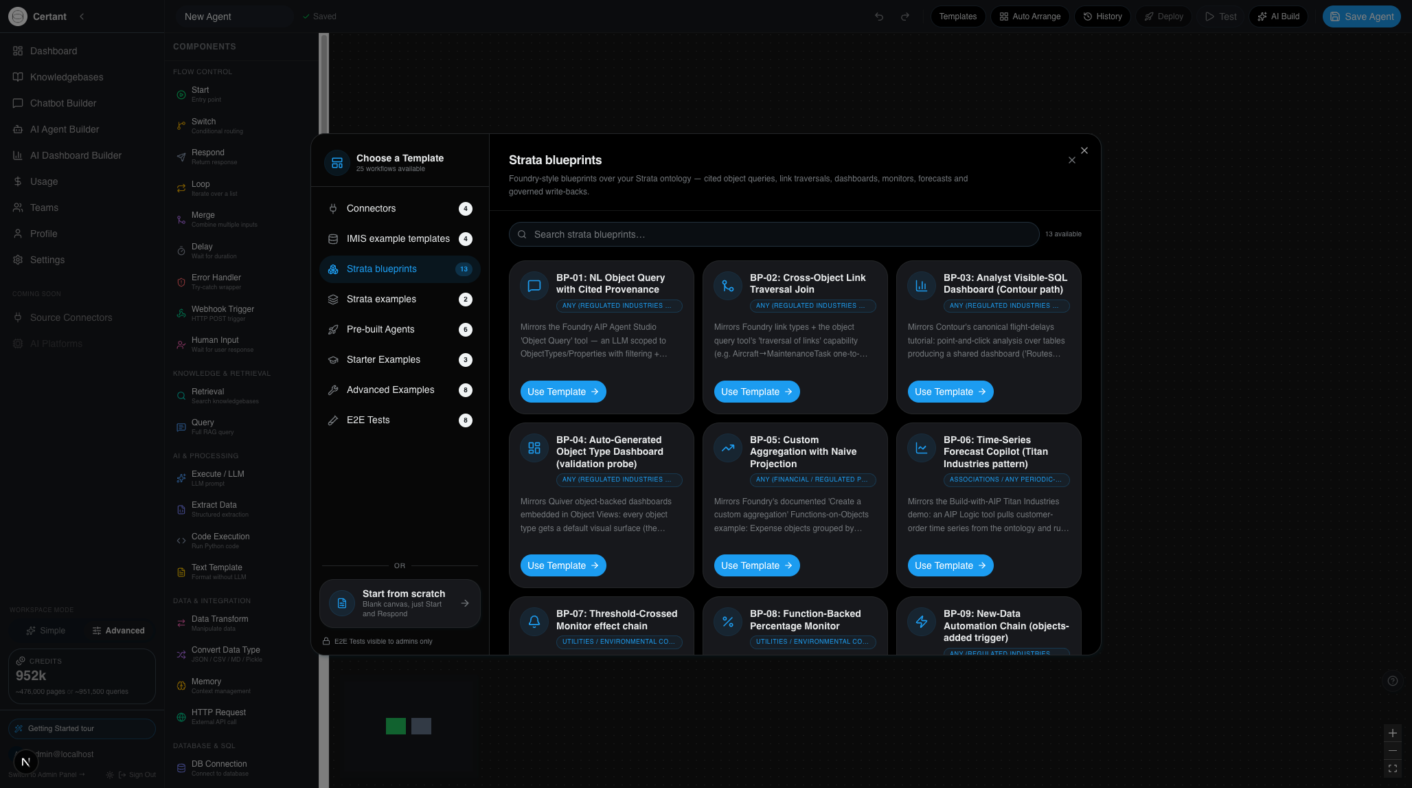 The Strata blueprint gallery in the AI Agent Builder, showing template cards for BP-01 to BP-13, each naming its Palantir Foundry / AIP analogue