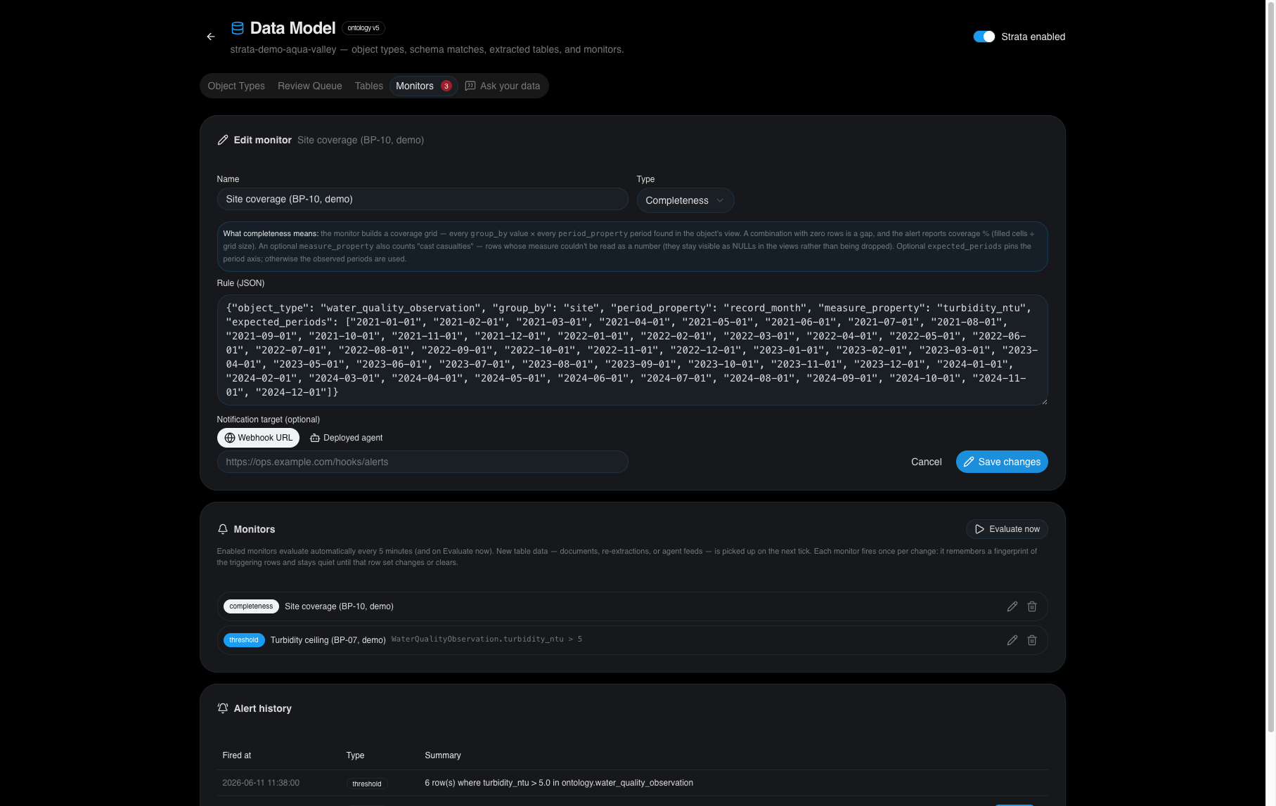 Completeness monitor editor with its inline coverage explainer