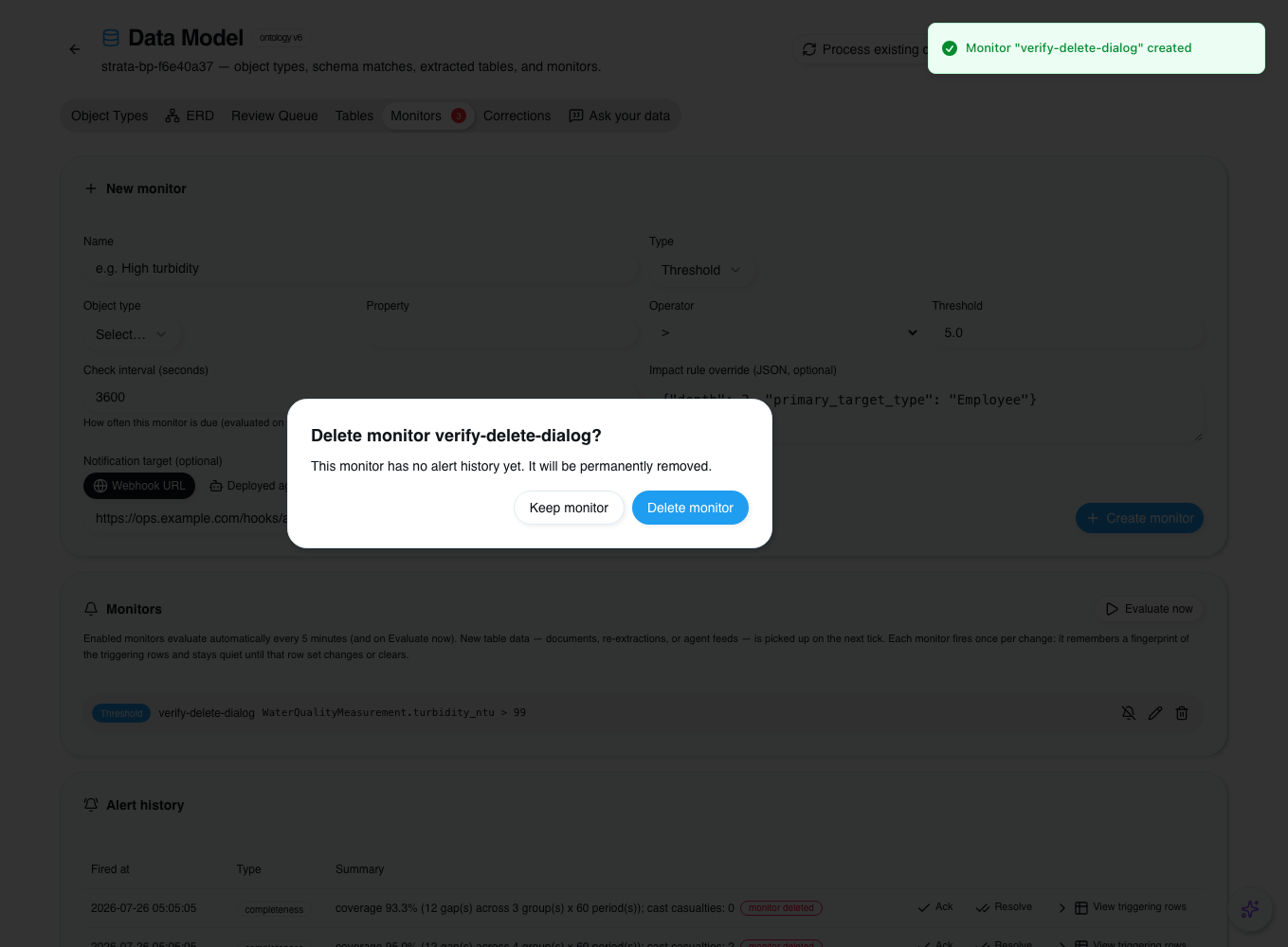 Delete-monitor confirmation dialog with Keep monitor and Delete monitor buttons