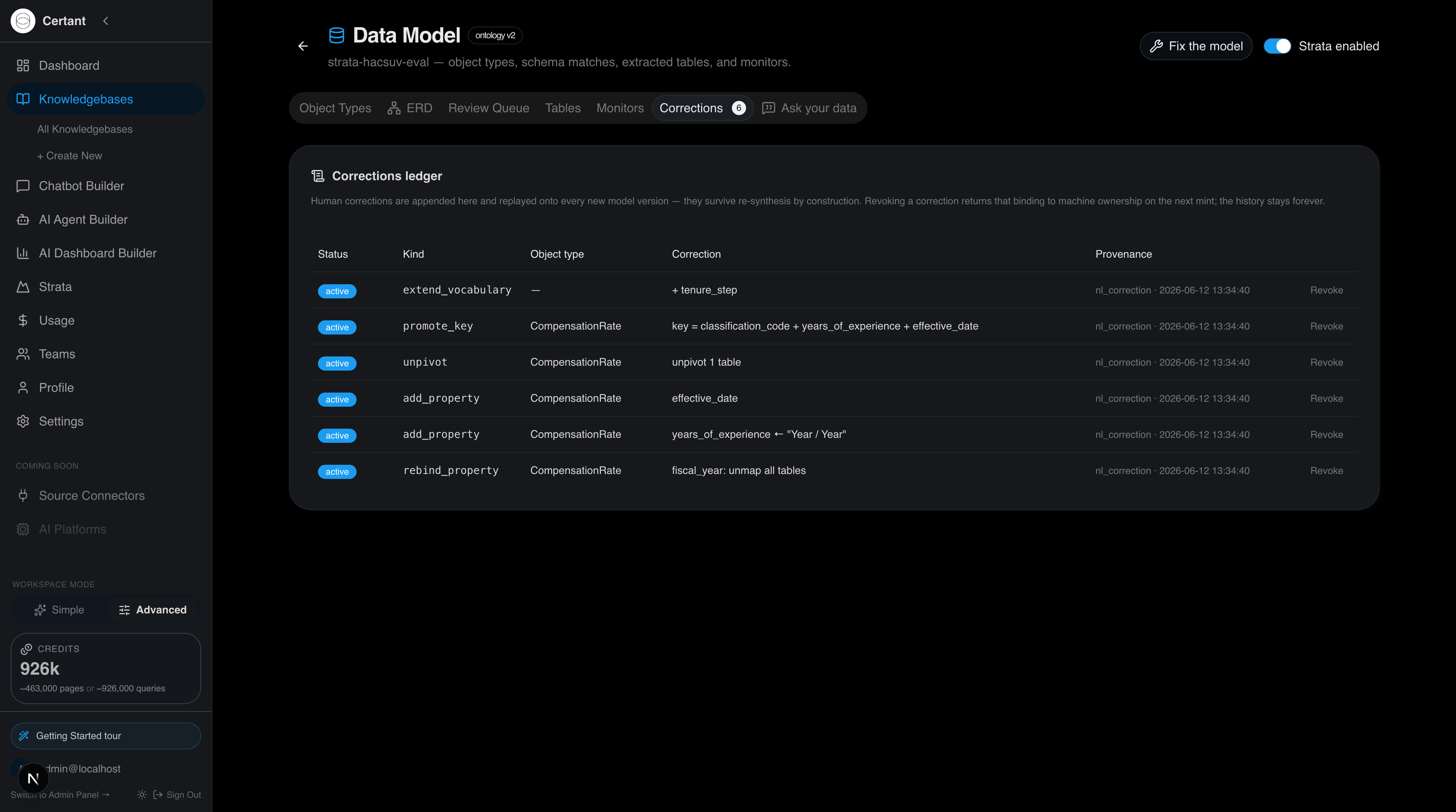 The Corrections tab listing applied directives with author, evidence and Revoke buttons