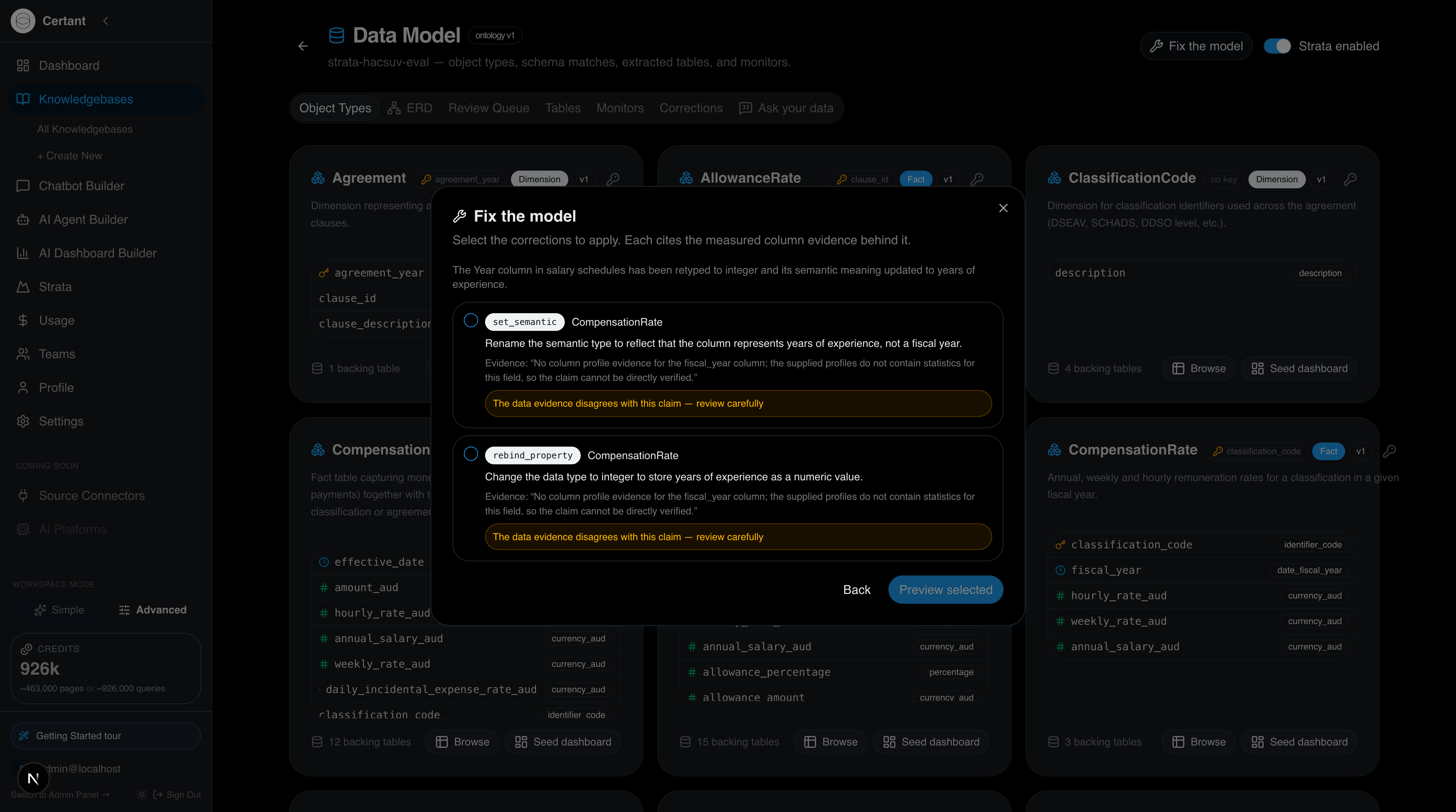 Certant Strata "Fix the model" dialog showing typed correction proposals, each with the column evidence quoted underneath and an amber warn-and-allow callout