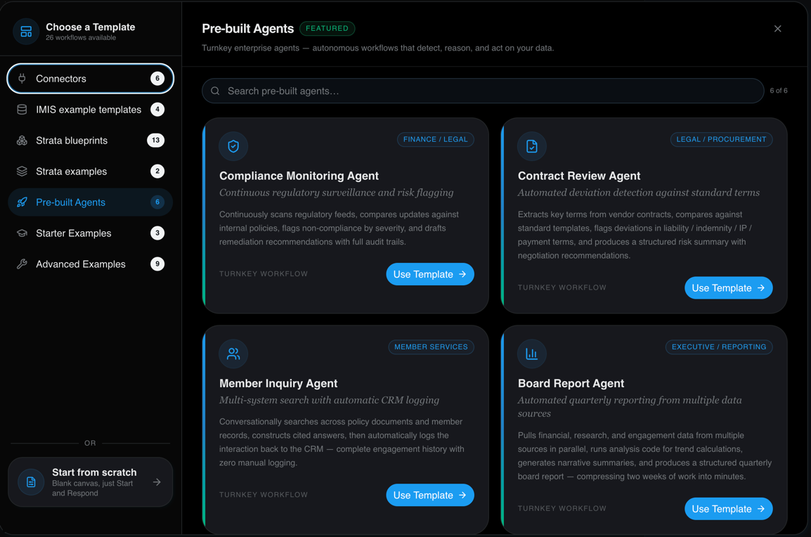 Agent Builder template chooser, dark theme