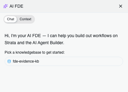 The AI FDE drawer's first open: a greeting and a knowledgebase to pick before anything else happens